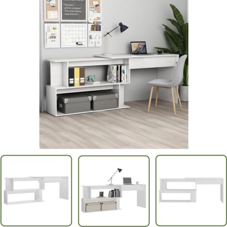 The Living Store Bureau d'angle Blanc brillant 200x50x76 cm Bois d’ingénierie - Bureau D'angle - Bureau Blanc - Bureau Moderne - Bureau Compact - Meuble De Bureau