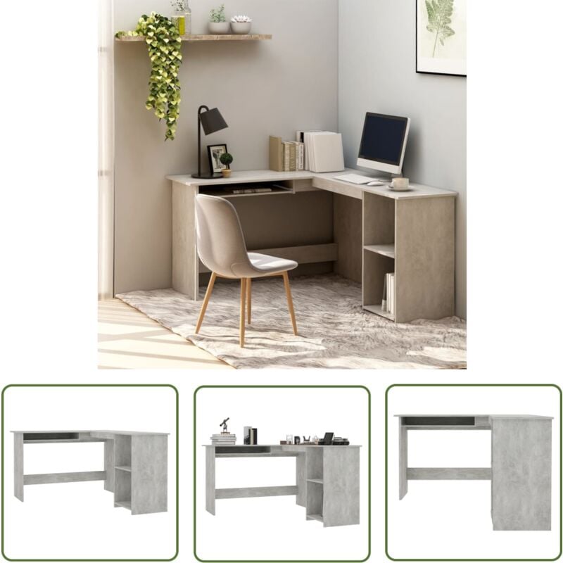 The Living Store - Bureau d'angle en forme de l Gris Béton Bois d'ingénierie - Bureau D'angle - Bureau Moderne - Bureau Gris - Bureau Design - Meuble