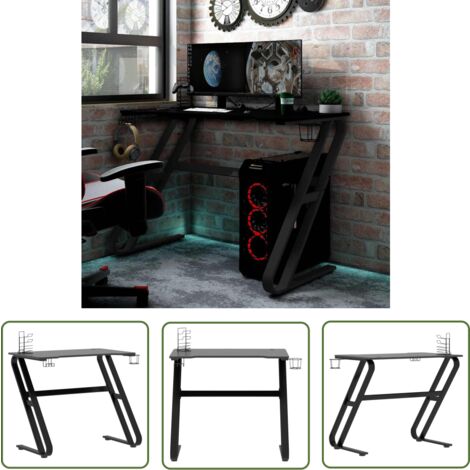 The Living Store Bureau de jeu avec pieds en forme de ZZ Noir 90x60x75 cm - Bureau Gamer - Bureau Informatique - Bureau Noir - Bureau Ergonomique - Bureau Gaming