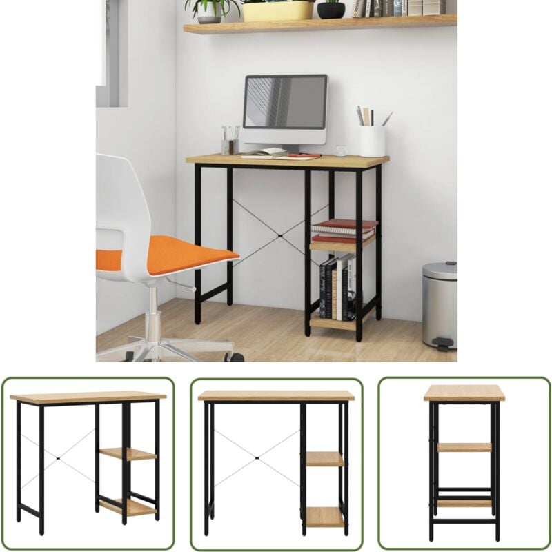 The Living Store - Bureau d'ordinateur Noir et chêne clair 80x40x72cm mdf et métal - Bureau Informatique - Bureau D'ordinateur - Bureau Moderne