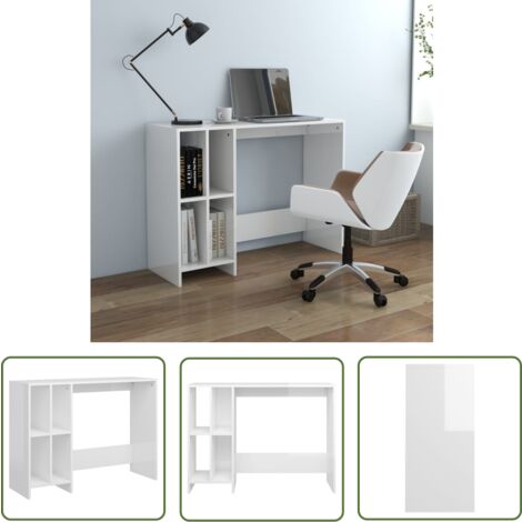 The Living Store Bureau d'ordinateur portable blanc brillant bois d'ingénierie - Bureau Ordinateur - Bureau Design - Bureau Compact - Bureau Étudiant - Meuble Rangement