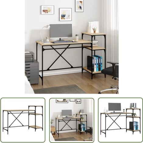 The Living Store Bureau et étagères chêne sonoma 135x50x90cm bois ingénierie/fer - Bureau Industriel - Bureau Moderne - Meuble De Bureau - Bureau Informatique - Bureau Avec Étagères
