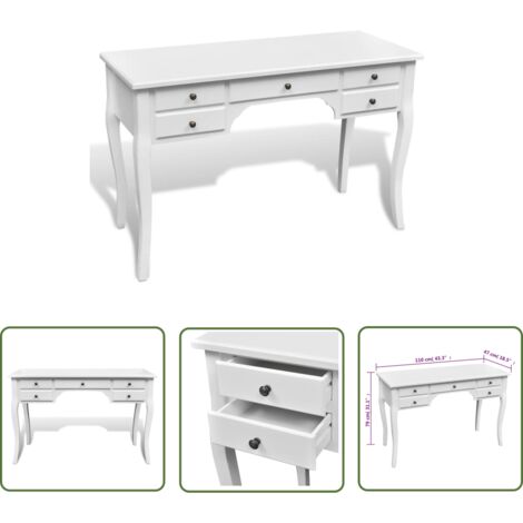 The Living Store Bureau français en bois avec pieds courbés et 5 tiroirs - Bureau En Bois - Bureau Vintage - Bureau Français - Meuble De Bureau - Bureau Avec Tiroirs