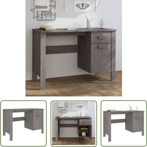 The Living Store Bureau HAMAR Gris clair 113x50x75 cm Bois massif de pin - Bureau En Bois - Bureau Design - Meuble De Bureau - Bureau Moderne - Bureau Gris