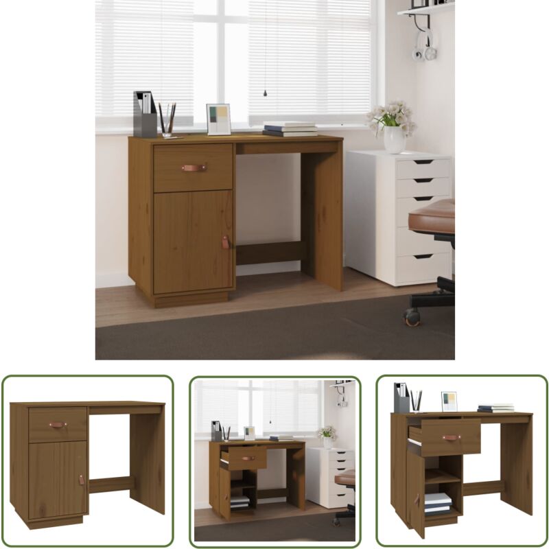 The Living Store - Bureau Marron miel 95x50x75 cm Bois massif de pin - Bureau Design - Bureau En Bois Massif - Bureau Pin - Bureau Avec Rangement