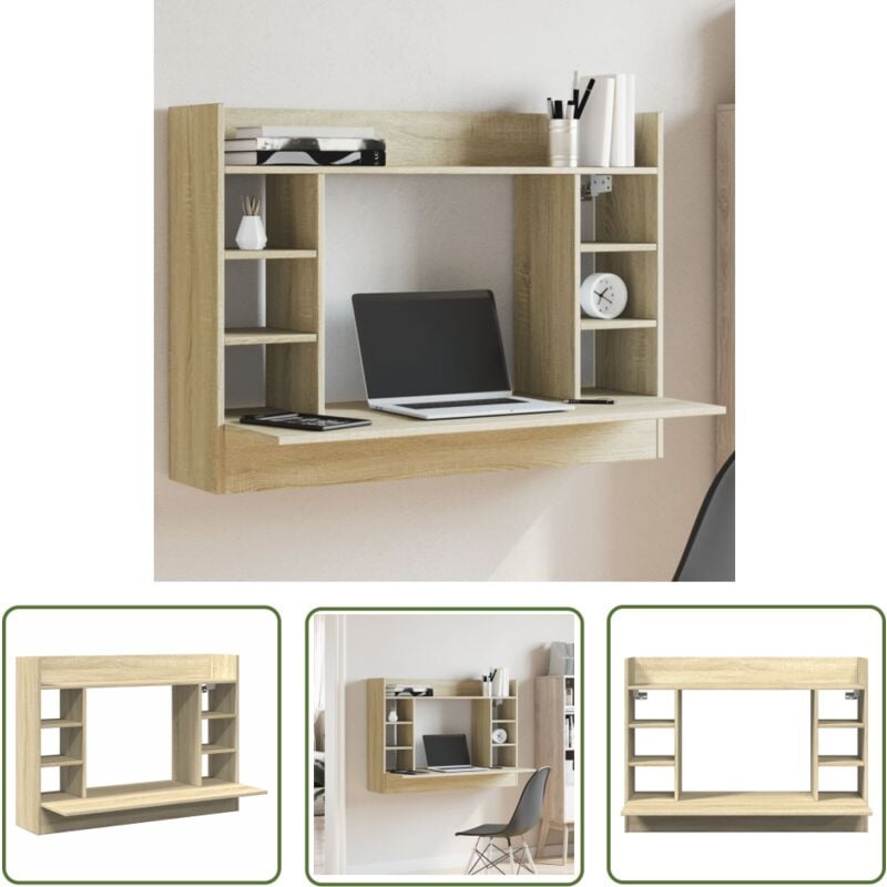 The Living Store - Bureau mural chêne sonoma 105x48x75 cm bois d'ingénierie - Bureau Mural - Bureau Suspendu - Table Murale - Rangement Mural