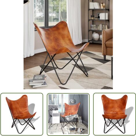 The Living Store Butterfly-Sessel Braun Echtleder - Echtleder Sessel - Butterfly Sessel - Designer Sessel - Vintage Sessel - Wohnzimmersessel