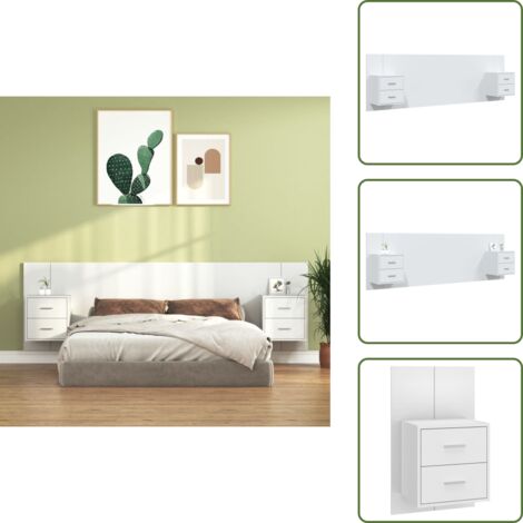 The Living Store Cabecero de cama con mesitas madera contrachapada blanco - Mesitas de noche