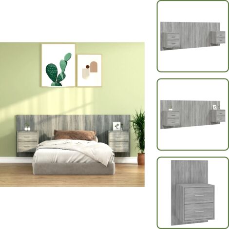 The Living Store Cabecero de cama con mesitas madera contrachapada gris Sonoma - Mesitas de noche