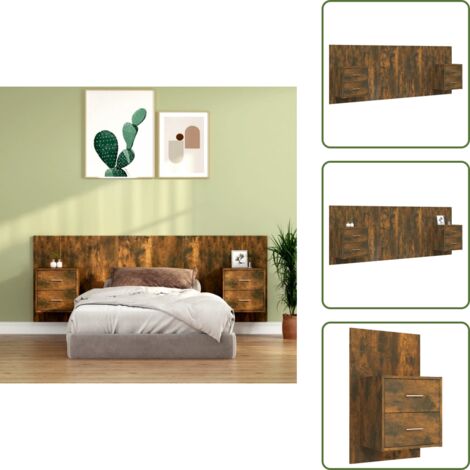 The Living Store Cabecero de cama con mesitas madera contrachapada roble ahumado - Mesitas de noche
