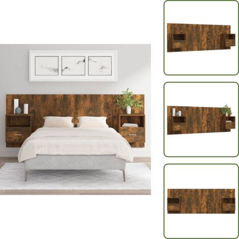 The Living Store Cabecero de cama con mesitas madera contrachapada roble ahumado - Mesitas de noche