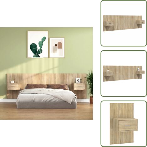 The Living Store Cabecero de cama con mesitas madera contrachapada roble Sonoma - Mesitas de noche