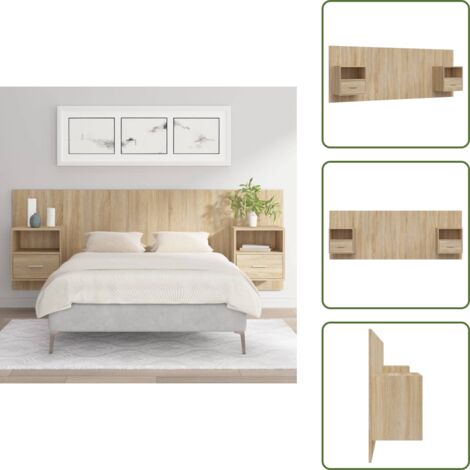 The Living Store Cabecero de cama con mesitas madera contrachapada roble Sonoma - Mesitas de noche