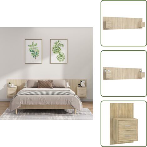 The Living Store Cabecero de cama con mesitas madera contrachapada roble Sonoma - Mesitas de noche