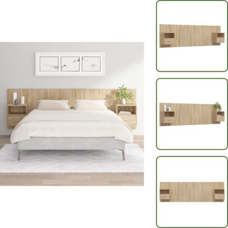The Living Store Cabecero de cama con mesitas madera contrachapada roble Sonoma - Mesitas de noche
