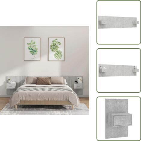 The Living Store Cabecero de cama y mesitas madera contrachapada gris hormigón - Mesitas de noche