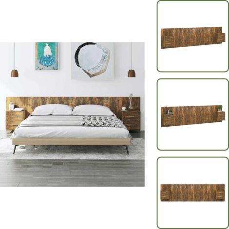 The Living Store Cabecero de cama y mesitas madera contrachapada roble ahumado - Mesitas de noche