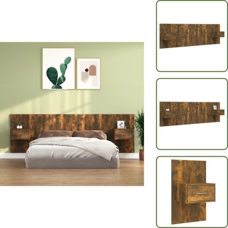 The Living Store Cabecero de cama y mesitas madera contrachapada roble ahumado - Mesitas de noche