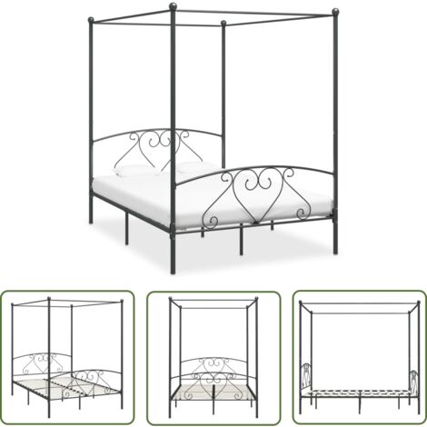 The Living Store Cadre de lit à baldaquin sans matelas gris métal 160x200 cm - Cadre De Lit - Lit À Baldaquin - Lit Double - Lit Metal - Chambre À Coucher