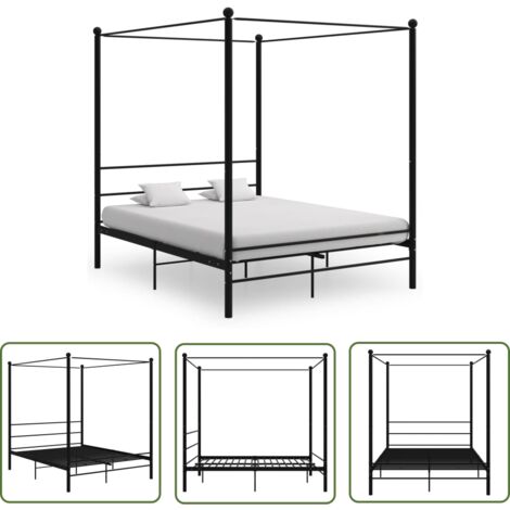 The Living Store Cadre de lit à baldaquin sans matelas noir 160x200 cm métal - Cadre De Lit - Lit À Baldaquin - Lit Double - Lit Métal - Literie