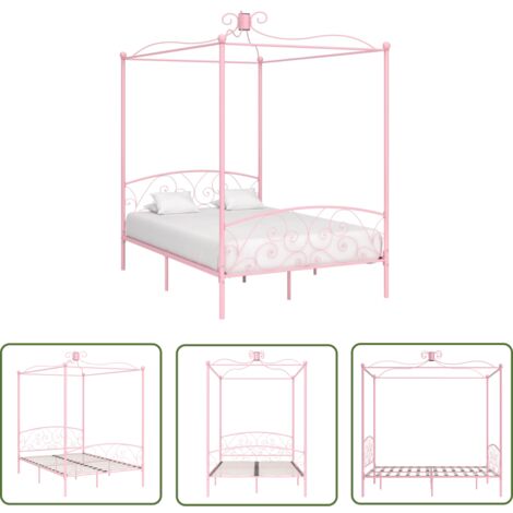 The Living Store Cadre de lit à baldaquin sans matelas rose métal 120x200 cm - Cadre De Lit - Lit À Baldaquin - Lit Double - Lit Rose - Lit Metal