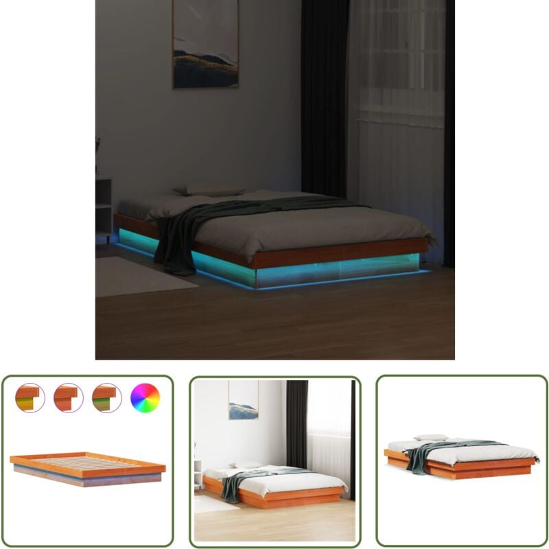Cadre de lit à led sans matelas 140x190 cm bois massif - Lit Double - Cadre De Lit - Luminaire led - Éclairage rgb - Bois Massif - The Living Store