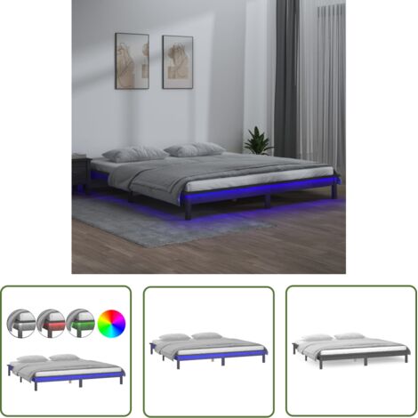 The Living Store Cadre de lit à LED sans matelas gris 140x190 cm bois massif - Cadre De Lit - Lit Double - Meuble De Chambre - Luminaire Led - Bois Massif