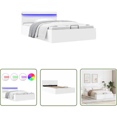 The Living Store Cadre de lit à rangement hydraulique sans matelas avec LED - Lit Double - Cadre De Lit - Lit Hydraulique - Similicuir Blanc - Rangement Sous Lit