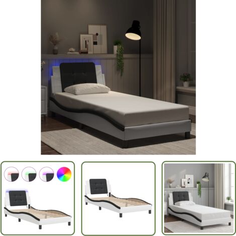 The Living Store Cadre de lit avec LED sans matelas blanc et noir 90x190 cm - Lit Plateforme - Lit Design - Lit Avec Éclairage Led - Cadre Lit Moderne - Tête De Lit Rembourrée