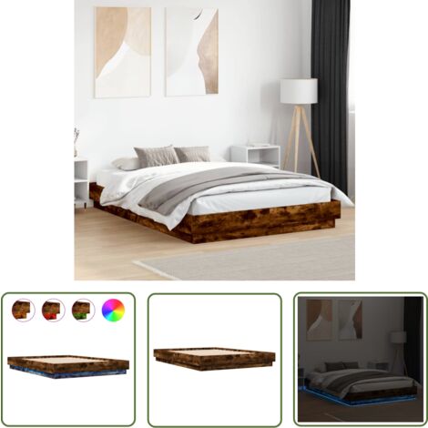The Living Store Cadre de lit avec LED sans matelas chêne fumé 120x200 cm - Cadre De Lit - Lit Double - Éclairage Led - Lumieres Rvb - Bois D'ingenierie