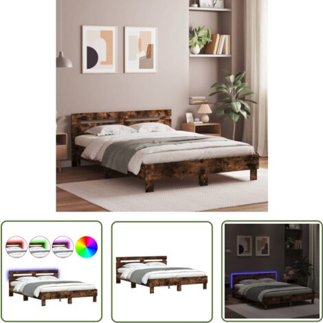 The Living Store Cadre de lit avec LED sans matelas chêne fumé 140x190 cm - Cadre De Lit - Lit Double - Lit Moderne - Éclairage Led - Tête De Lit Rembourrée