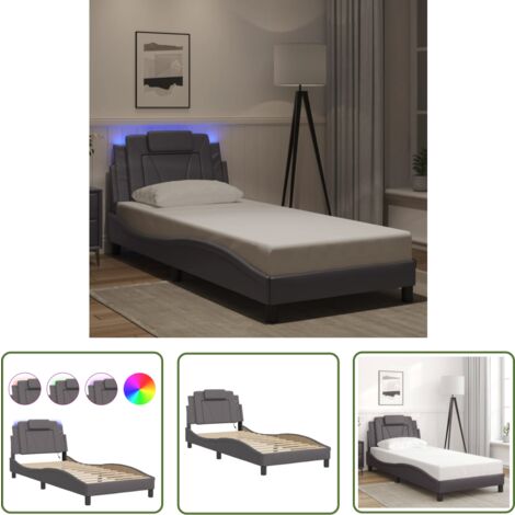 The Living Store Cadre de lit avec LED sans matelas gris 90x190 cm - Lit Plateforme - Lit Design - Lit Avec Éclairage Led - Cadre Lit Gris - Tête De Lit Capitonnée