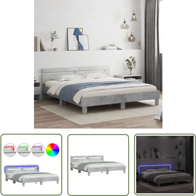 The Living Store - Cadre de lit avec led sans matelas gris béton 160x200 cm - Lit Double - Cadre De Lit - led - Éclairage rgb - Support Lombaire
