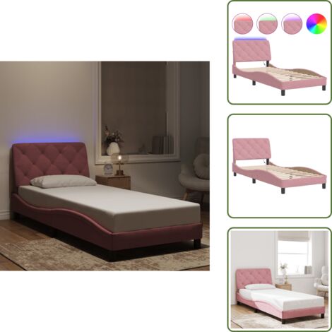 The Living Store Cadre de lit avec LED sans matelas rose 90x200 cm velours - Cadre de lit