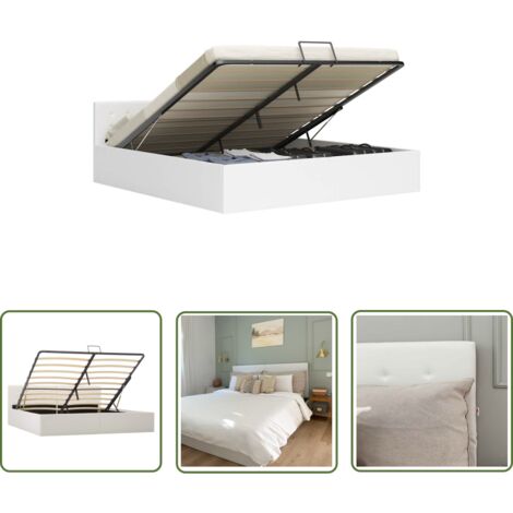The Living Store Cadre de lit avec rangement hydraulique 180x200 cm similicuir - Cadre De Lit - Lit Double - Lit Blanc - Meuble De Chambre - Rangement Sous Lit