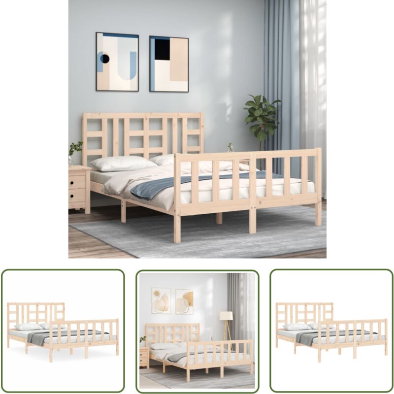 The Living Store - Cadre de lit sans matelas 140x190 cm bois de pin massif - Lit Double - Cadre De Lit - Lit En Bois - Lit Design - Chambre à Coucher
