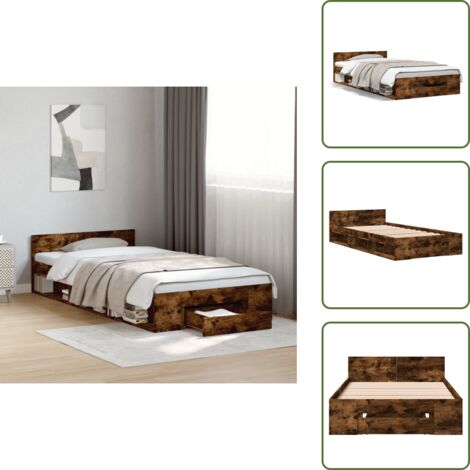 The Living Store Cadre de lit avec tiroir sans matelas chêne fumé 100x200 cm - Cadre De Lit - Lit Double - Meuble De Chambre - Rangement Sous Lit - Tiroir Intégré