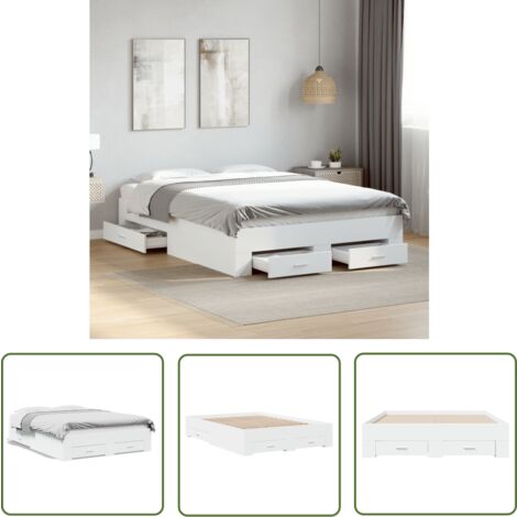 The Living Store Cadre de lit avec tiroirs sans matelas blanc 135x190 cm - Lit Double - Cadre De Lit - Meuble De Chambre - Rangement Sous Lit - Design Moderne
