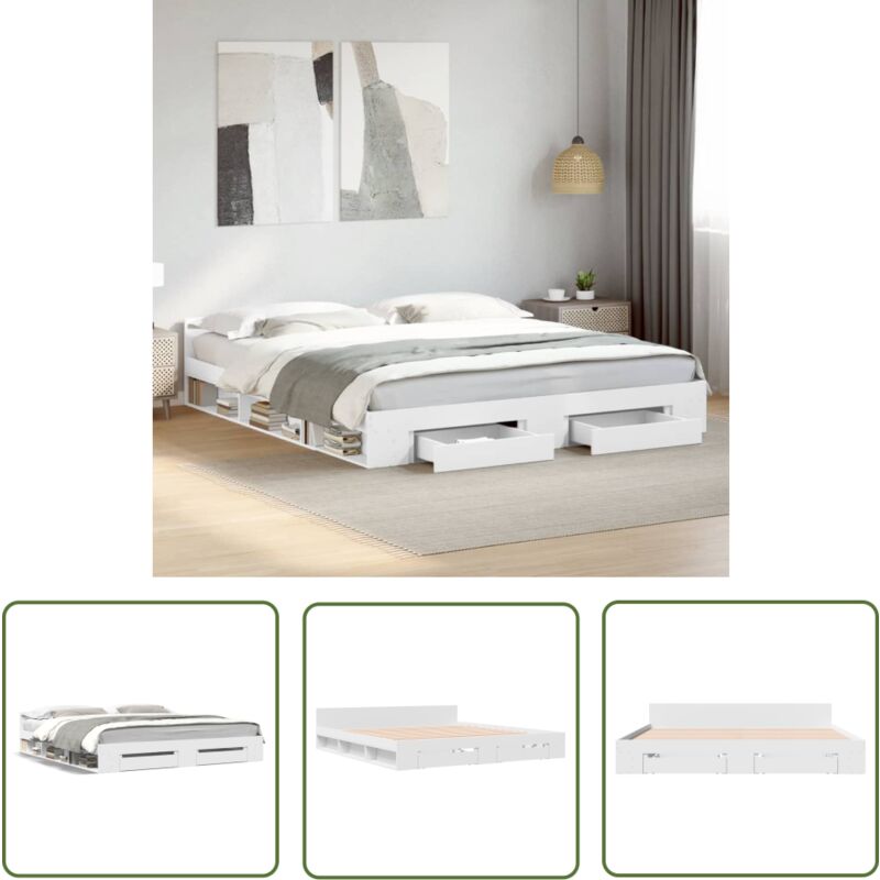 The Living Store Cadre de lit avec tiroirs sans matelas blanc 200x200 cm - Cadre De Lit - Lit Double - Lit Avec Tiroirs - Meuble De Chambre