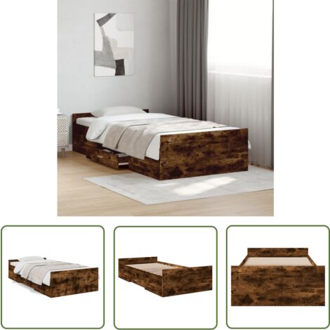 The Living Store Cadre de lit avec tiroirs sans matelas chêne fumé 75x190 cm - Cadre De Lit - Lit Double - Meuble Chambre - Rangement Sous Lit - Design Moderne