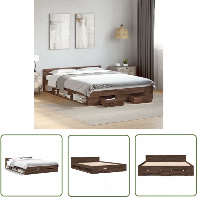 The Living Store - Cadre de lit avec tiroirs sans matelas chêne marron 150x200 cm - Cadre De Lit - Lit Double - Lit Avec Tiroirs - Meuble De Chambre