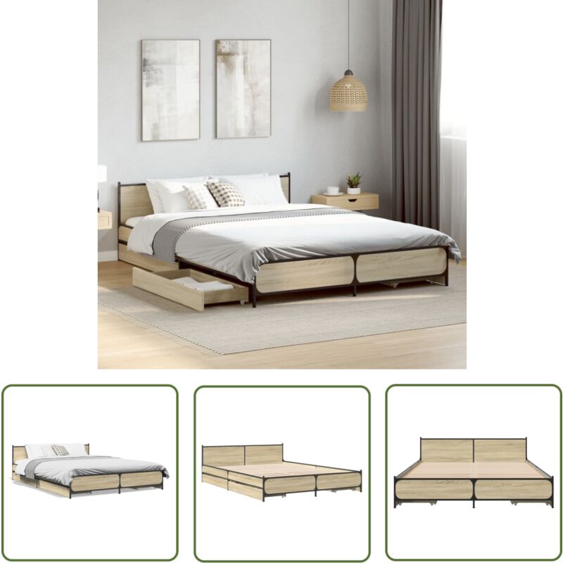 Cadre de lit avec tiroirs sans matelas chêne sonoma 120x200 cm - Lit Coffre - Lit Double - Cadre Lit - Meuble Chambre - Literie - The Living Store