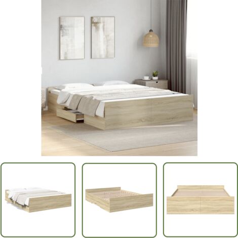 The Living Store Cadre de lit avec tiroirs sans matelas chêne sonoma 150x200 cm - Cadre De Lit - Lit Double - Lit Avec Tiroirs - Meuble Chambre - Rangement Chambre