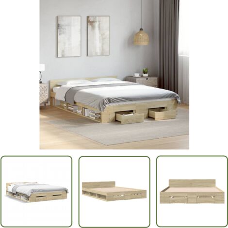 The Living Store Cadre de lit avec tiroirs sans matelas chêne sonoma 160x200 cm - Cadre De Lit - Lit Double - Lit Avec Tiroirs - Meuble De Chambre - Rangement Sous Lit