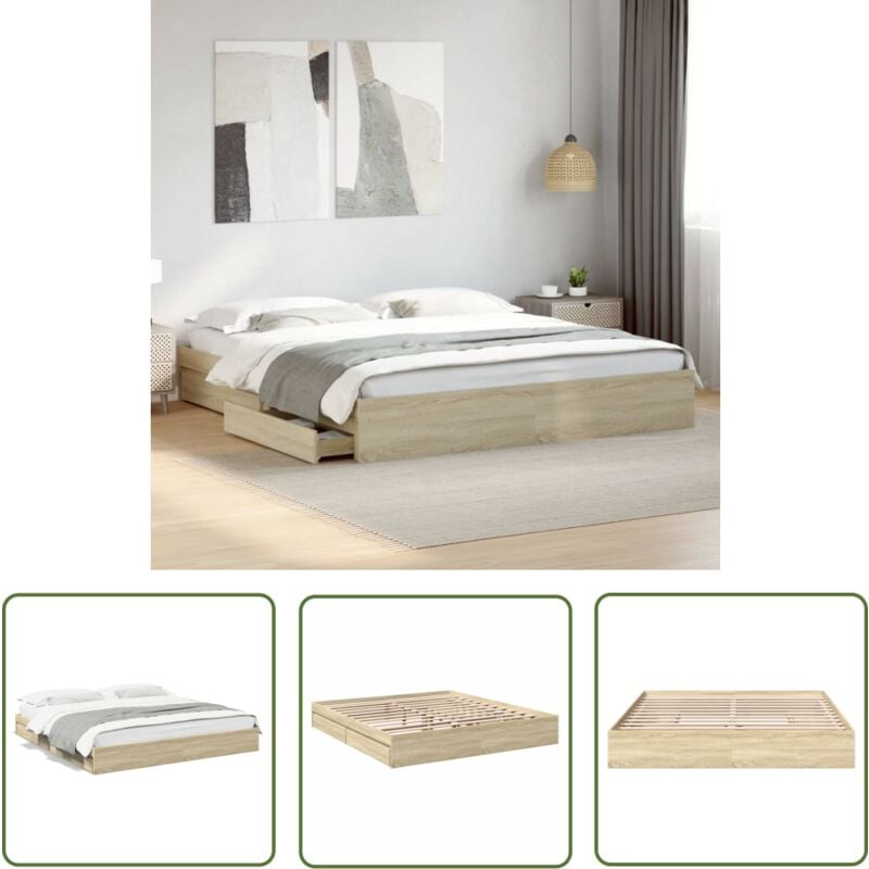 The Living Store - Cadre de lit avec tiroirs sans matelas chêne sonoma 180x200 cm - Cadre De Lit - Lit Double - Lit Avec Tiroirs - Meuble Chambre