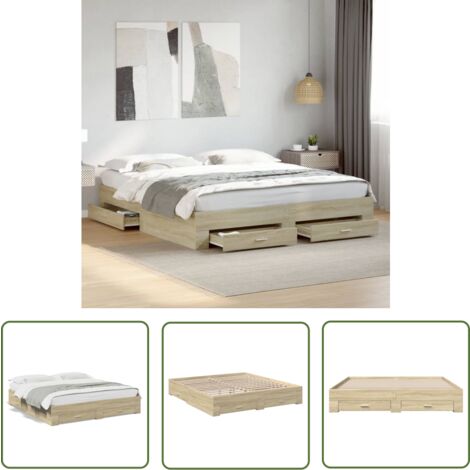 The Living Store Cadre de lit avec tiroirs sans matelas chêne sonoma 200x200 cm - Cadre De Lit - Lit Double - Lit Avec Tiroirs - Meuble De Chambre - Rangement Sous Lit