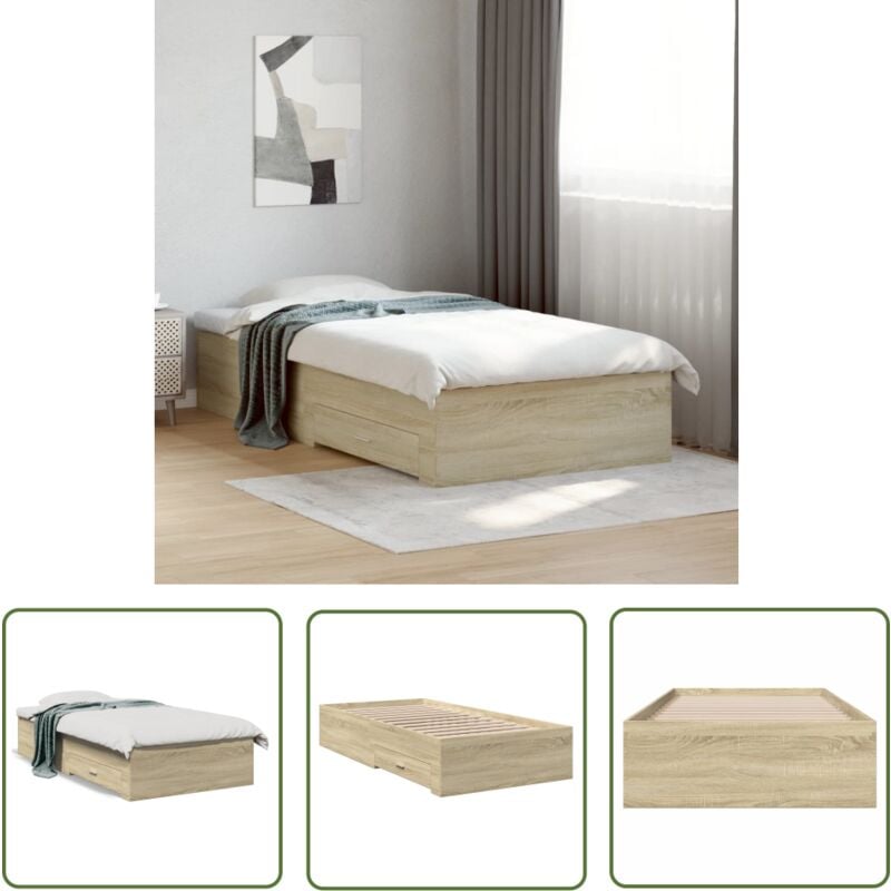 The Living Store - Cadre de lit avec tiroirs sans matelas chêne sonoma 75x190 cm - Cadre De Lit - Lit Double - Lit Avec Tiroirs - Meuble Chambre
