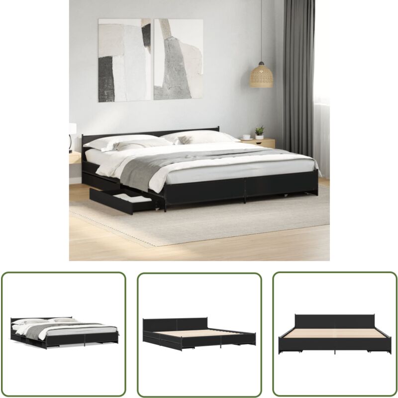 Cadre de lit avec tiroirs sans matelas noir 200x200 cm - Lit Double - Cadre Lit - Meuble Chambre - Rangement Lit - Tiroir Lit - The Living Store