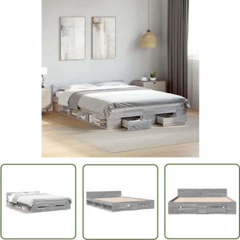 The Living Store Cadre de lit avec tiroirs sans matelas sonoma gris 150x200 cm - Cadre De Lit - Lit Double - Lit Avec Tiroirs - Meuble De Chambre - Rangement Sous Lit