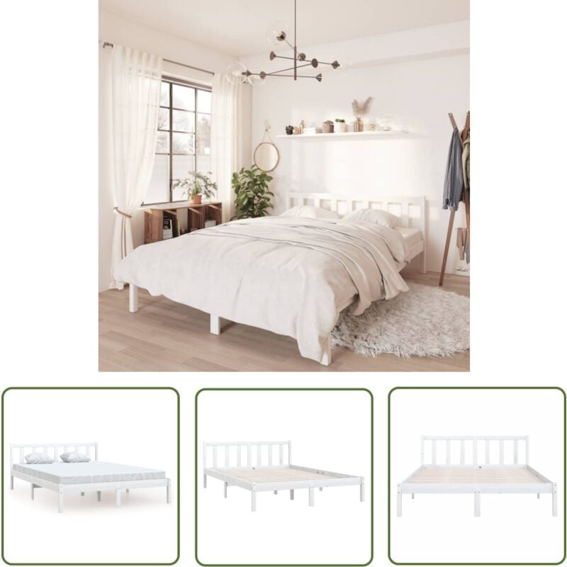 Cadre de lit sans matelas blanc bois massif 160x200 cm - Cadre De Lit - Lit Double - Lit En Bois - Bois Massif - Sommier - The Living Store
